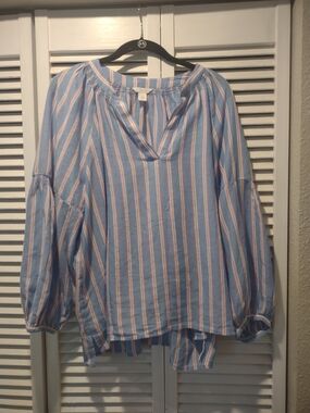 Caslon Striped Blue Peasant Blouse - Women